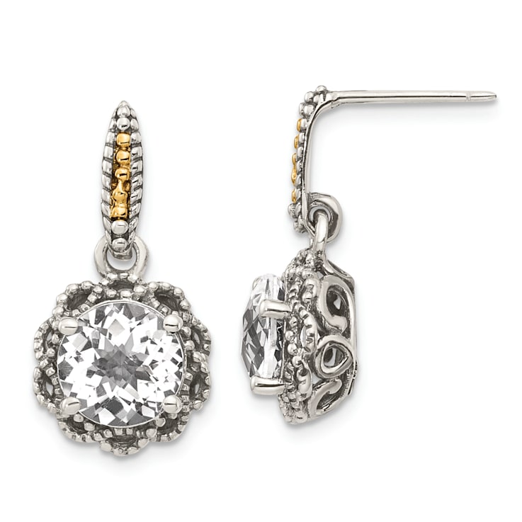 Sterling Silver with 14K Accent Antiqued Polished White Topaz Earrings