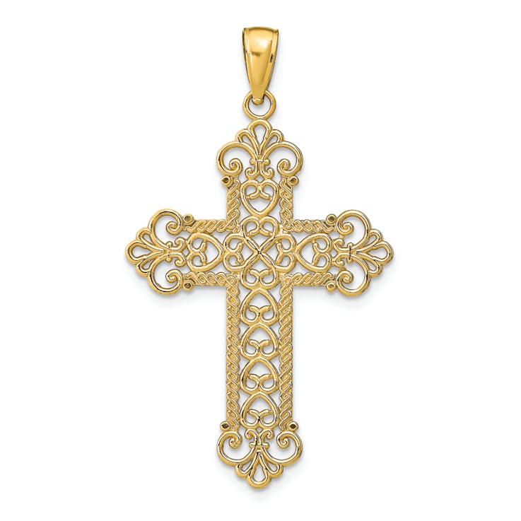 14k Yellow Gold Polished Large Rope Frame Filigree Cross Pendant