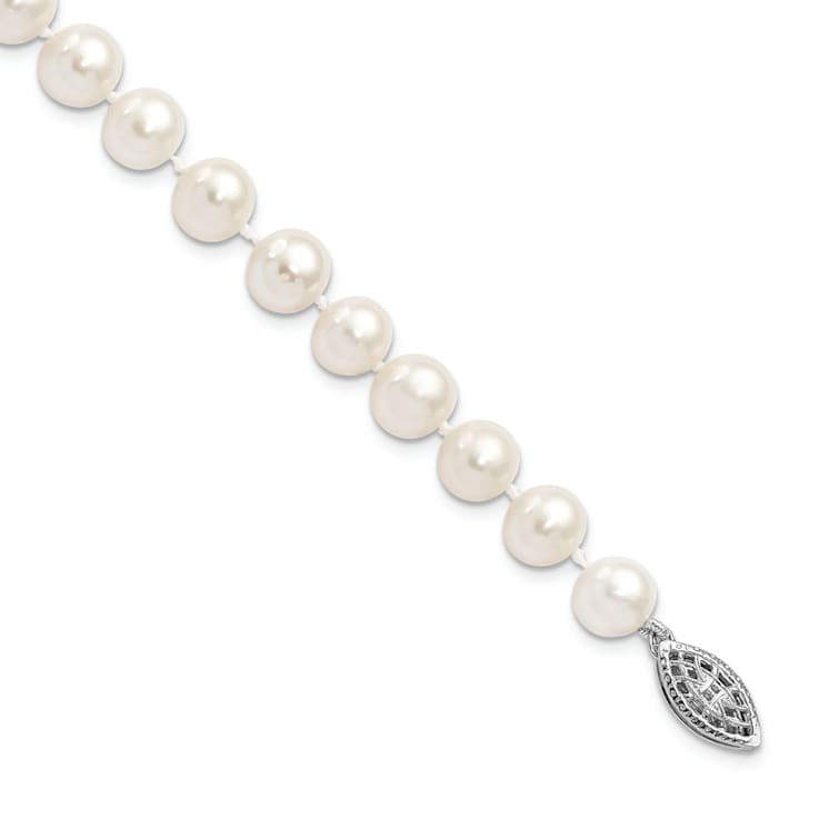 Rhodium Over Sterling Silver 7-8mm White Freshwater Cultured Pearl Bracelet