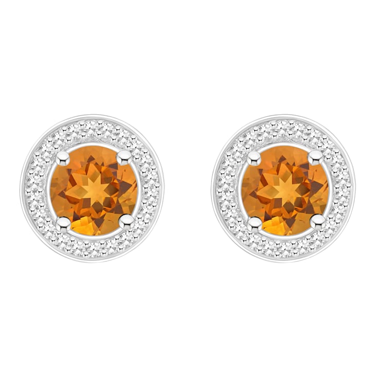 6mm Round Citrine 1/5 ctw Diamond Rhodium Over Sterling Silver Halo Stud Earrings