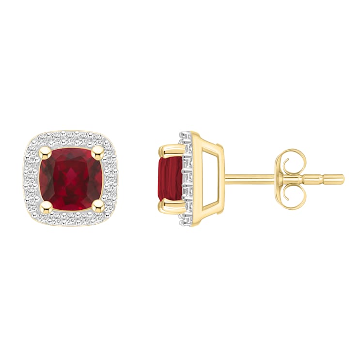 5mm Cushion Created Ruby And Created White Sapphire 10k Yellow Gold Halo
Stud Earrings