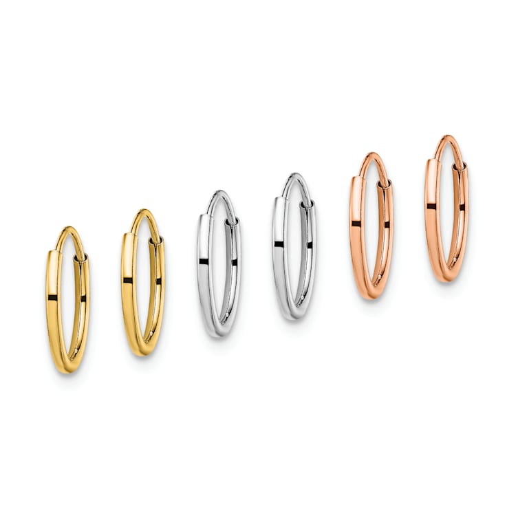 14K Tri-color 3-pair Hoop Earrings Set