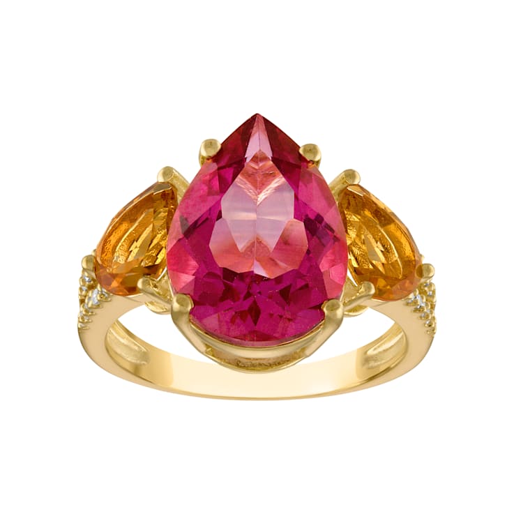 Pink Sapphire, Citrine, and Diamond 14K Yellow Gold Plated Sterling
Silver Ring 7.41ctw