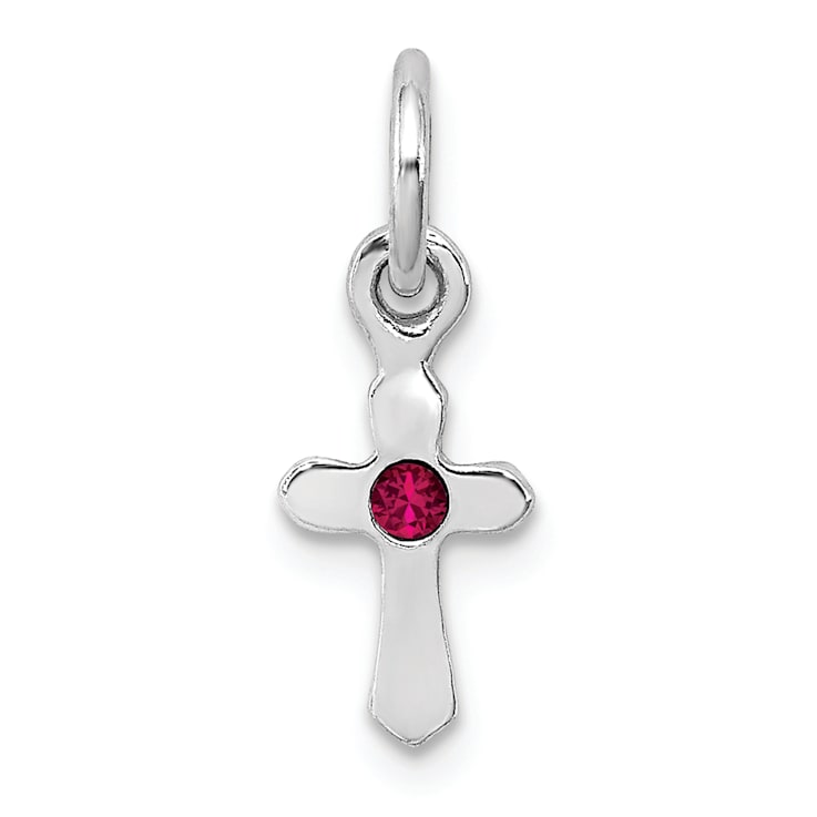 Rhodium Over Sterling Silver Child's July Red Preciosca Crystal Cross Pendant