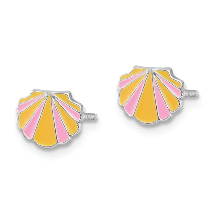 Rhodium Over Sterling Silver Pink/Orange Enamel Shell Children's Post Earrings