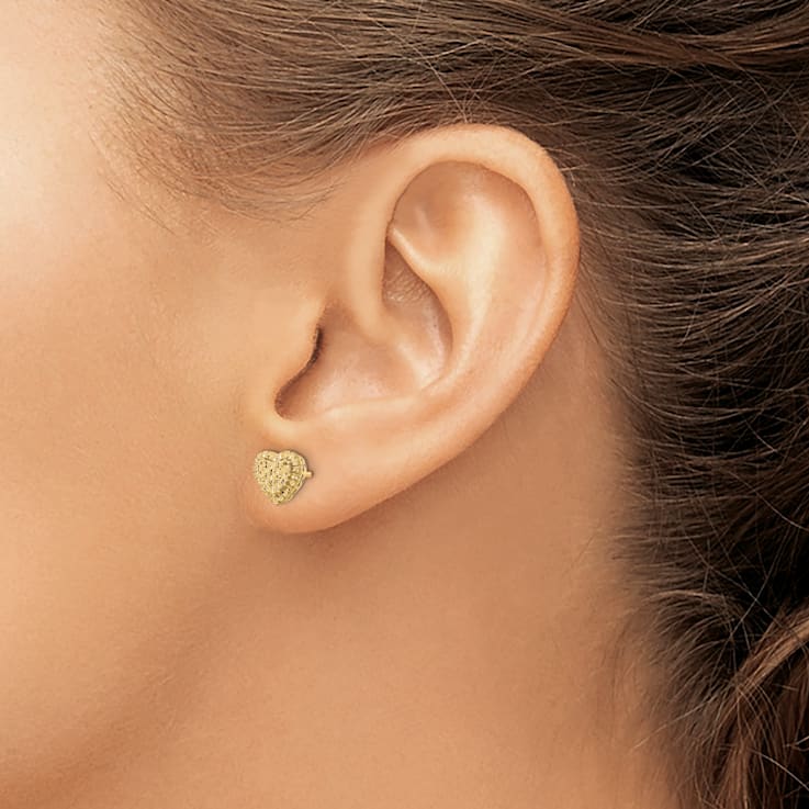 14k Yellow Gold Polished Diamond-Cut Heart Stud Earrings