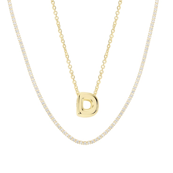 CZ Initial D Tennis Necklace And Pendant Set In 14K Gold Over Brass 4.05ctw