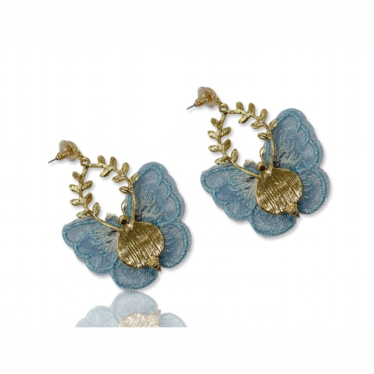 Gold Tone Blue Fabric Butterfly Earrings