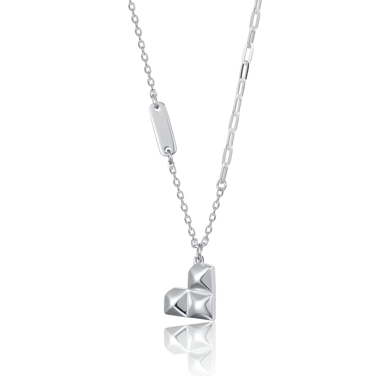 Geometric Heart Pendant Necklace In Rhodium Over Brass