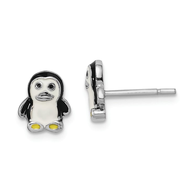 Rhodium Over Sterling Silver Childs Enamel Penguin Post Earrings