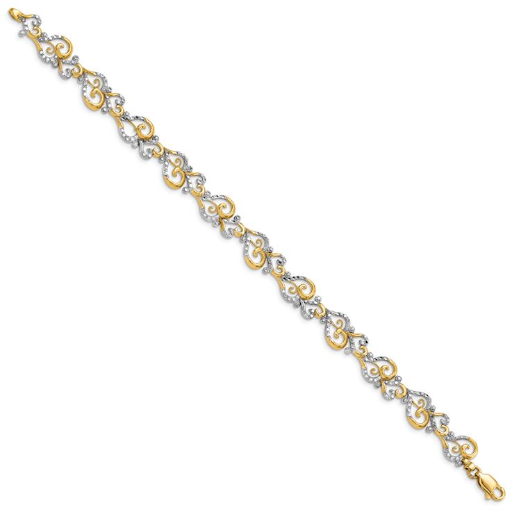 14K Two-tone Gold Diamond-Cut Fancy Heart Link Bracelet