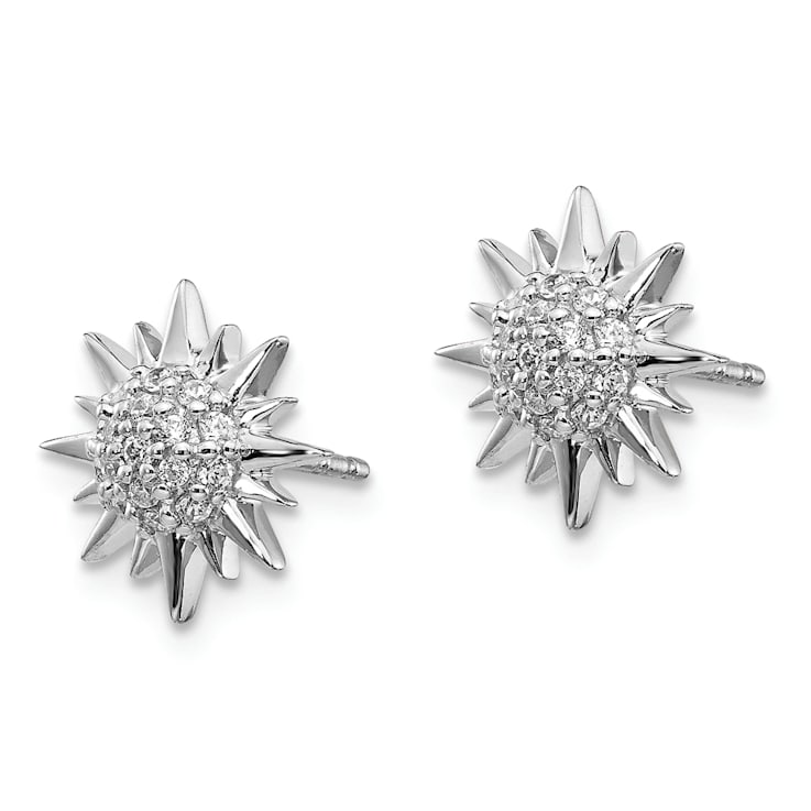 Rhodium Over 14k White Gold 11mm Diamond Fancy Sun and Star Stud Earrings