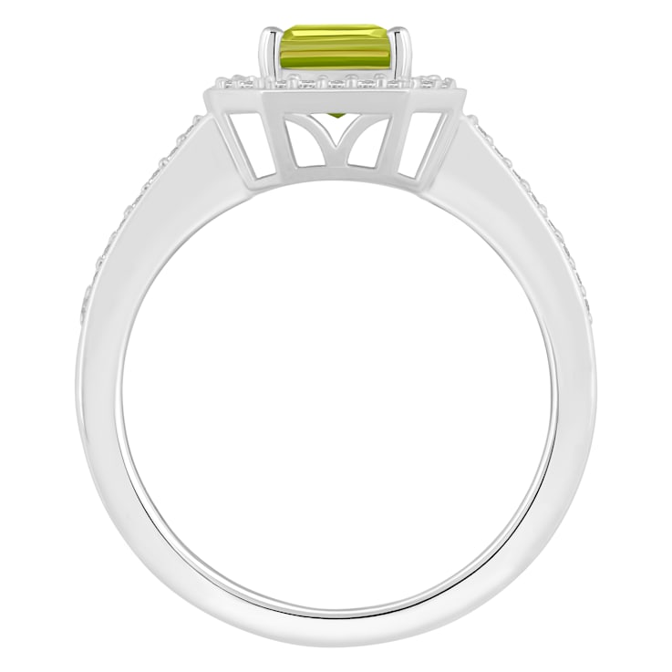 8x6mm Emerald Cut Peridot 1/5 ctw Diamond Rhodium Over Sterling Silver
Halo Ring