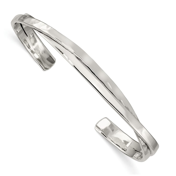 Rhodium Over Sterling Silver Plain 3mm Hammered Bands Cuff Bracelet
