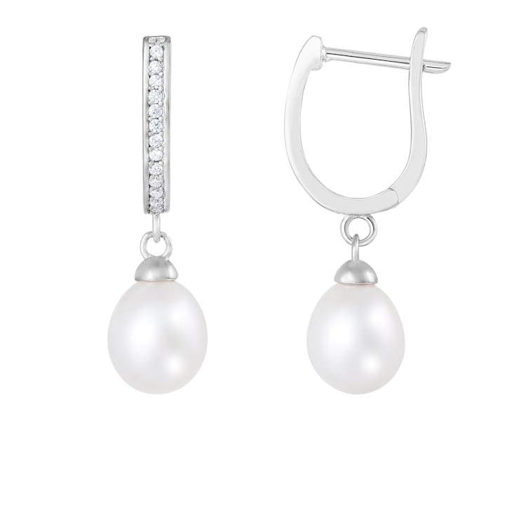 7-8mm White Cultured Freshwater Pearl and Cubic Zirconia Rhodium Over
Sterling Silver Earrings