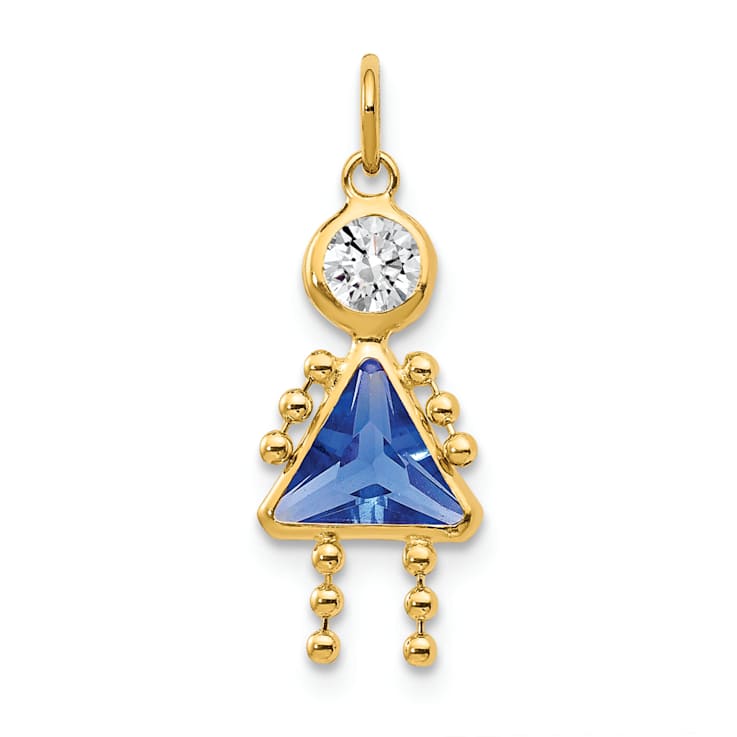 10k Yellow Gold Blue Sapphire Simulant September Birthstone and Clear
Cubic Zirconia Girl Charm