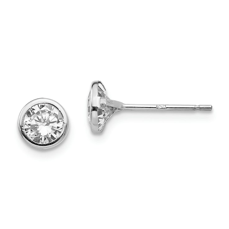 Rhodium Over 14K White Gold 5mm Bezel Set Cubic Zirconia Post Earrings