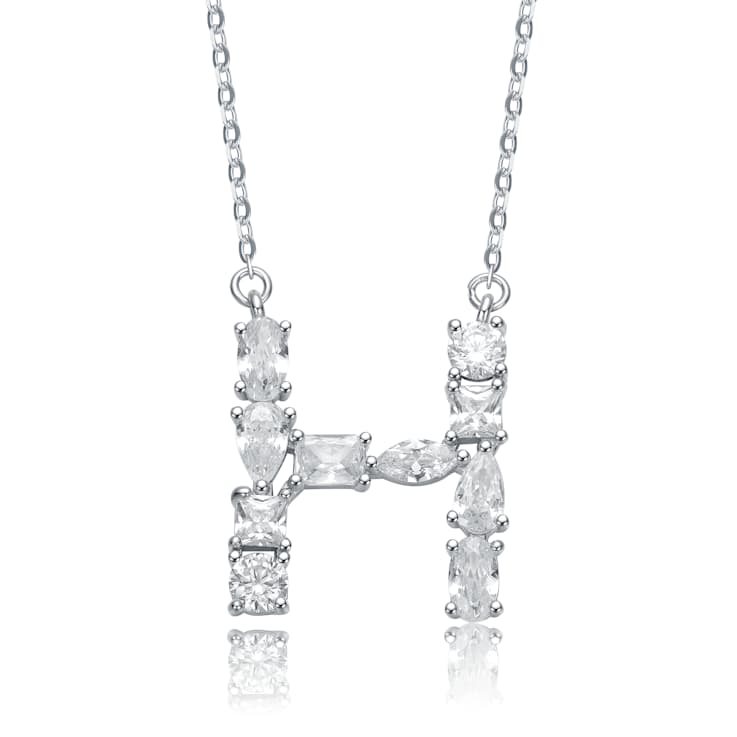 Initial H Mixed Cut CZ Pendant Necklace In Sterling Silver 18 Inch