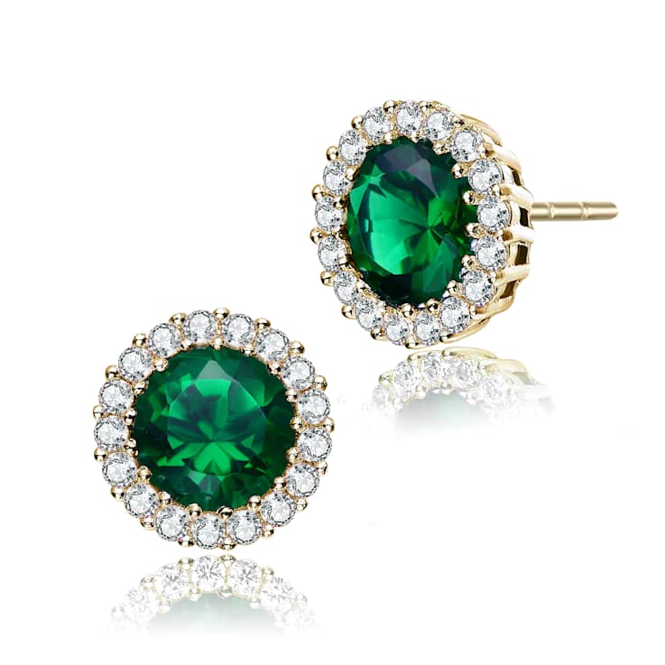 Emerald Color CZ Halo Stud Earrings In 14K Gold Over Sterling Silver