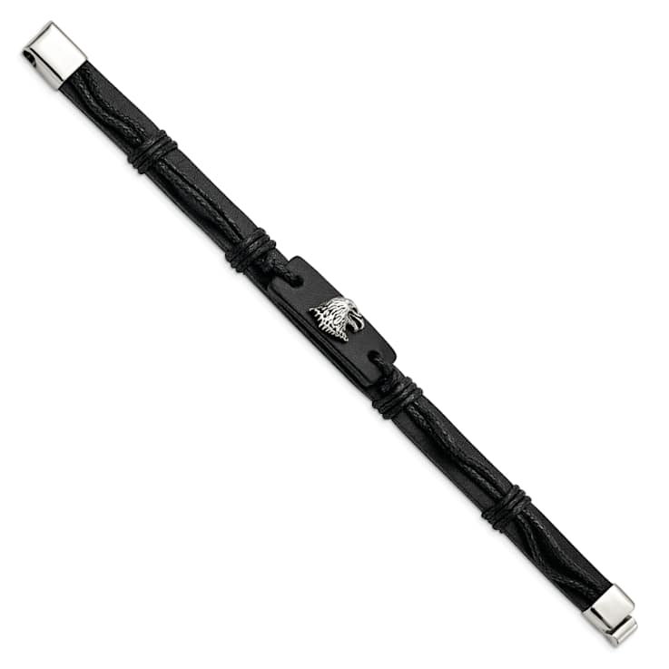 Stainless Steel Antiqued and Polished Eagle Head Black Leather Bracelet