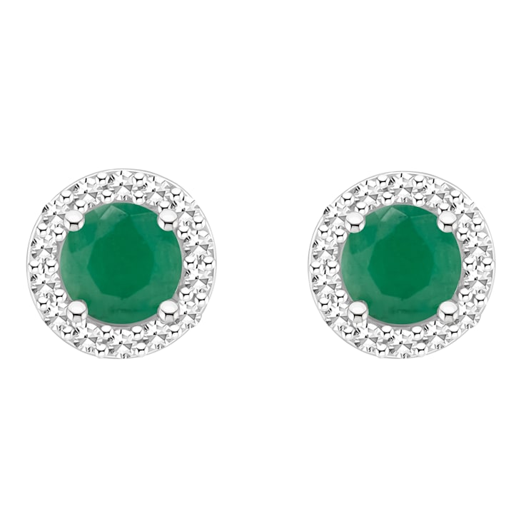 4mm Round Emerald 1/8 ctw Diamond Rhodium Over Sterling Silver Halo Stud Earrings