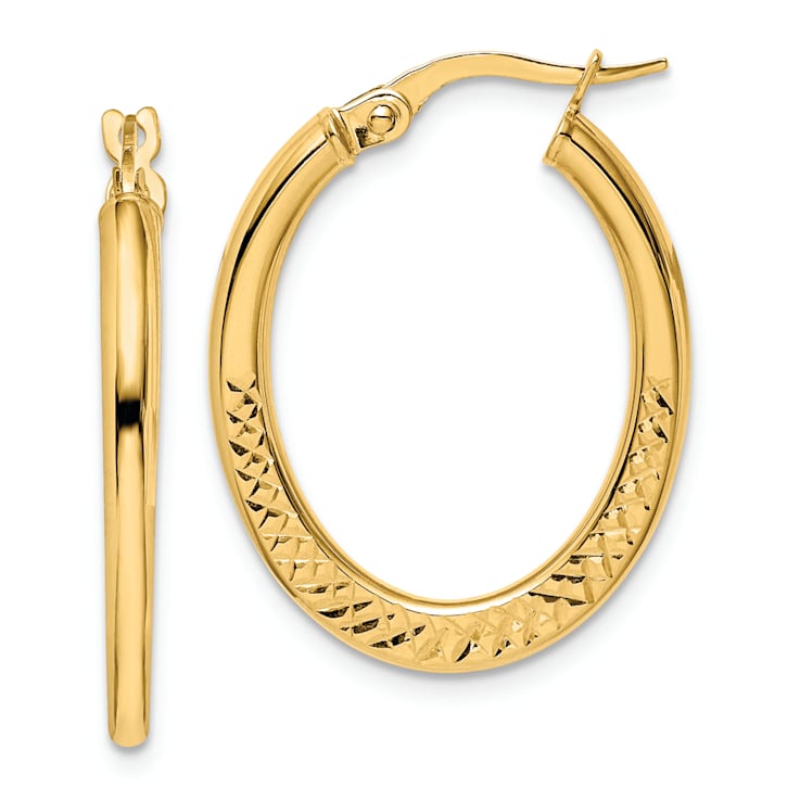 14k Yellow Gold Diamond-Cut 1" Oval Hoop Earrings