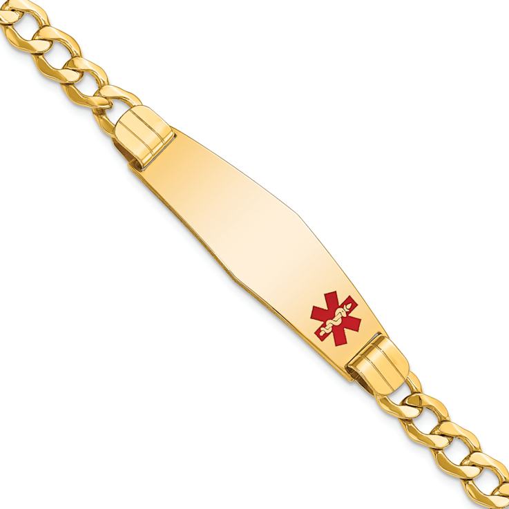 10k Yellow Gold Medical Soft Diamond Shape Red Enamel Curb Link ID Bracelet
