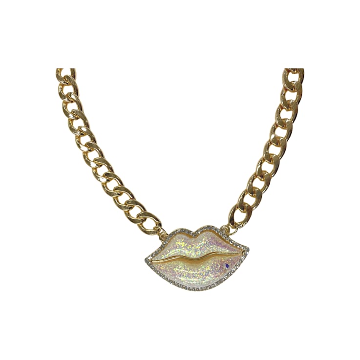 Gold Tone AB Glitter with Clear Crystal Lip Pendant Necklace
