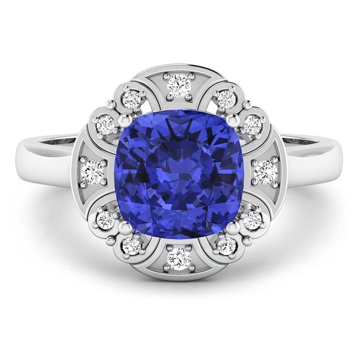 Violet Tanzanite and White Diamond 14K White Gold Halo Ring 2.08 ctw