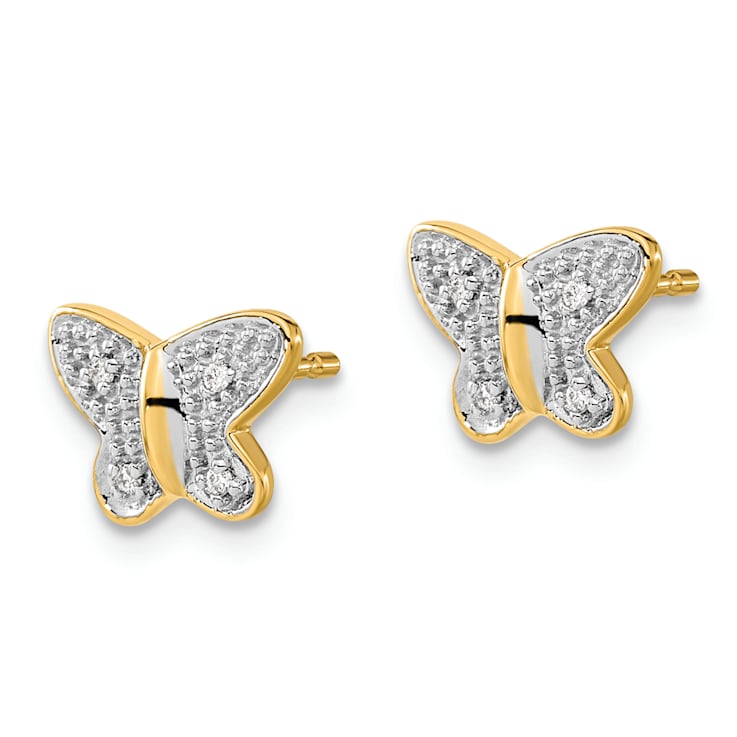 14k Yellow Gold and Rhodium Over 14k Yellow Gold Diamond Butterfly Stud Earrings