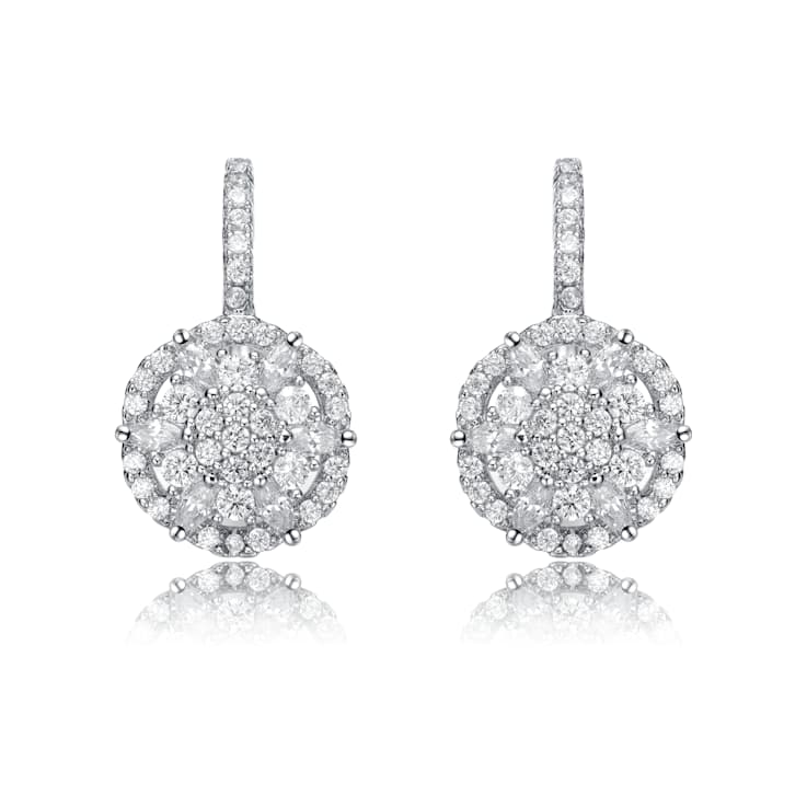 CZ Flower Cluster Halo Drop Earrings In White Rhodium Over Brass
