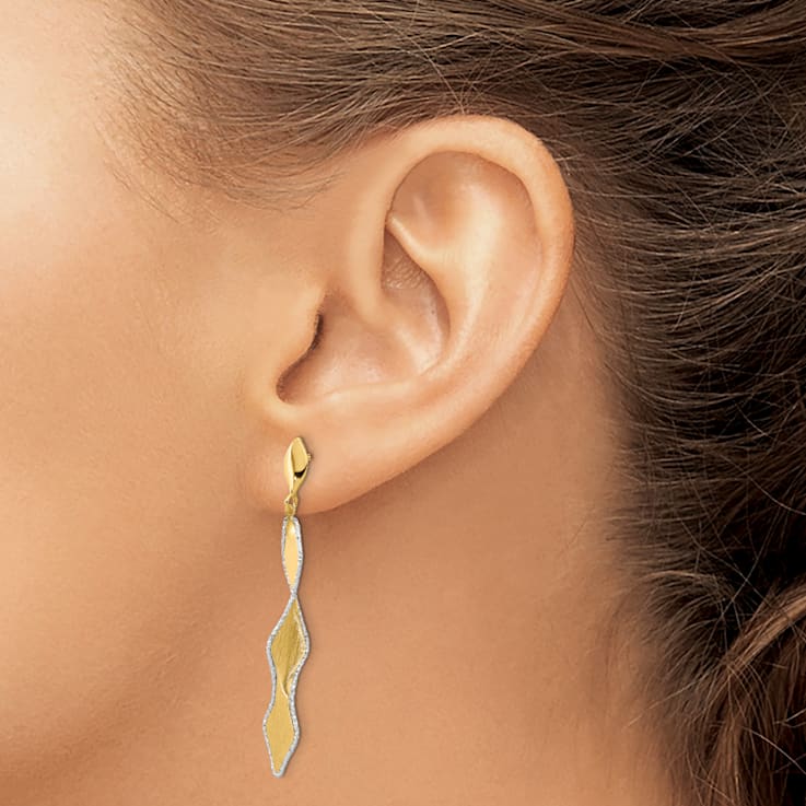 14K Yellow Gold and White Rhodium Polished and Satin Post Dangle Earrings