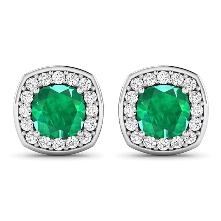 1.92ctw 14K White Gold  Zambian Green Emerald and White Diamond Halo Earrings