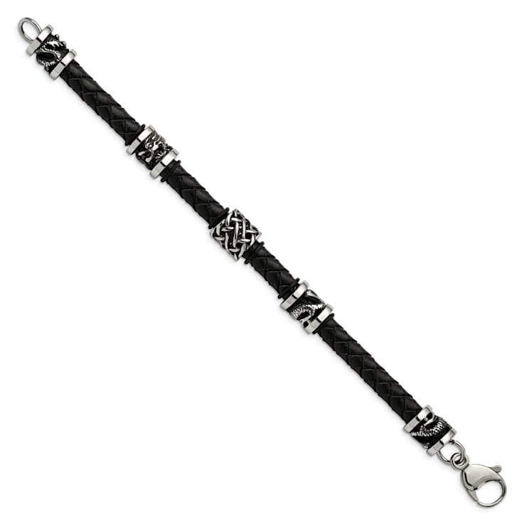 Stainless Steel Antiqued and Polished Dragon Black Braided Leather Bracelet