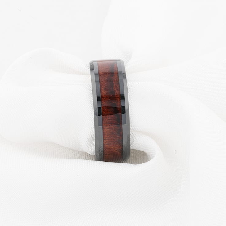 BENNY Black Ceramic Polished Beveled Edges Men’s Wedding Band with
Bubinga Wood Inlay 8mm