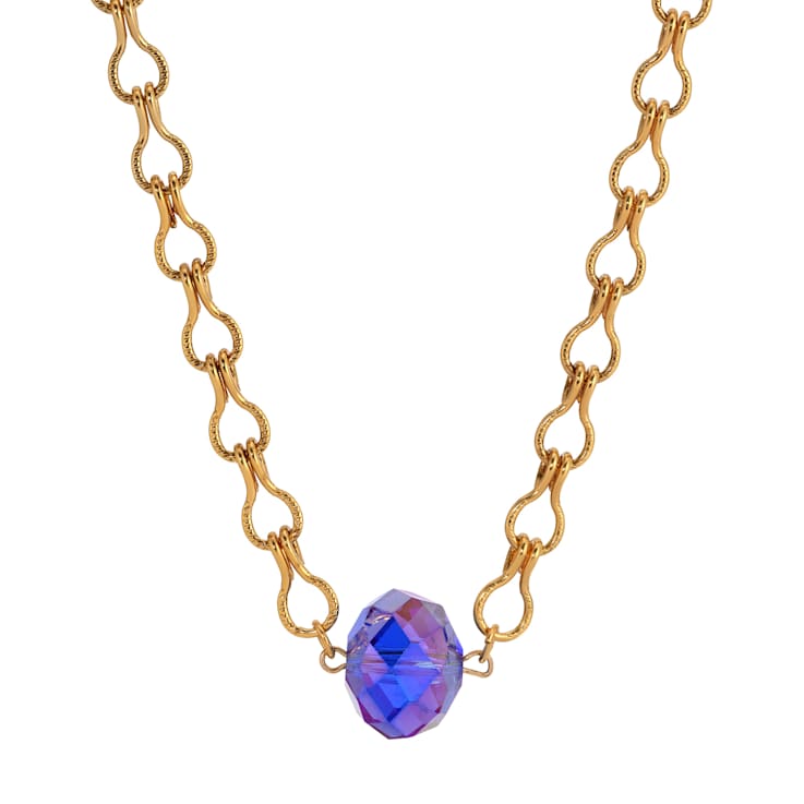 Yellow Base Metal Blue AB Bead Necklace 16 inch