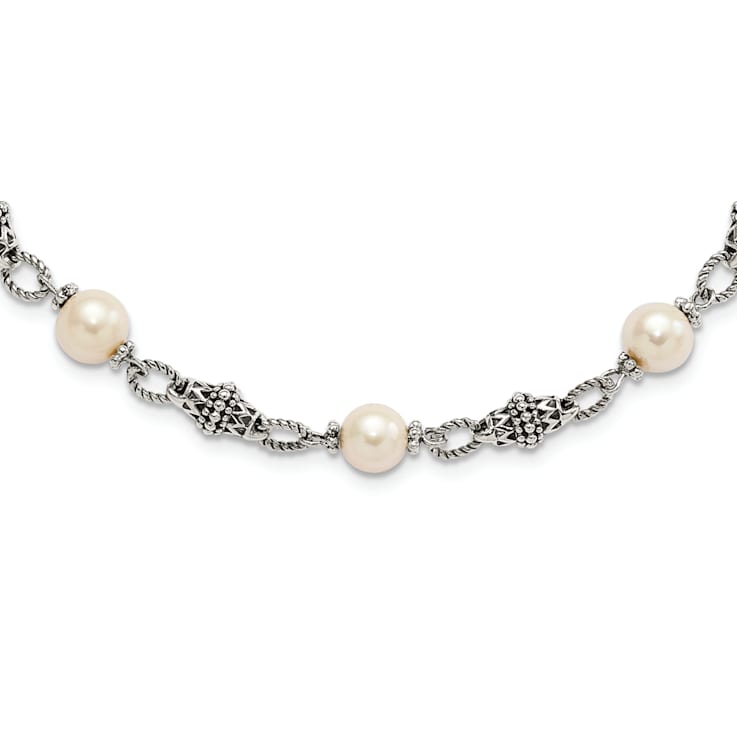 Sterling Silver Antiqued 8-8.5mm Freshwater Cultured Pearl 20 inch Necklace