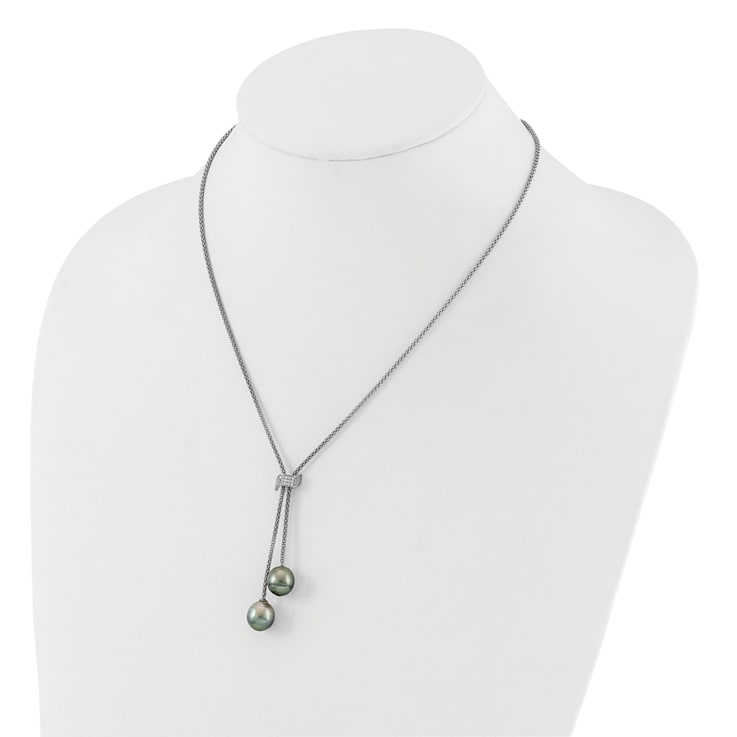 Rhodium Over Sterling Silver Tahitian Pearl/Cubic Zirconia Dangle with
2-inch Extension Necklace