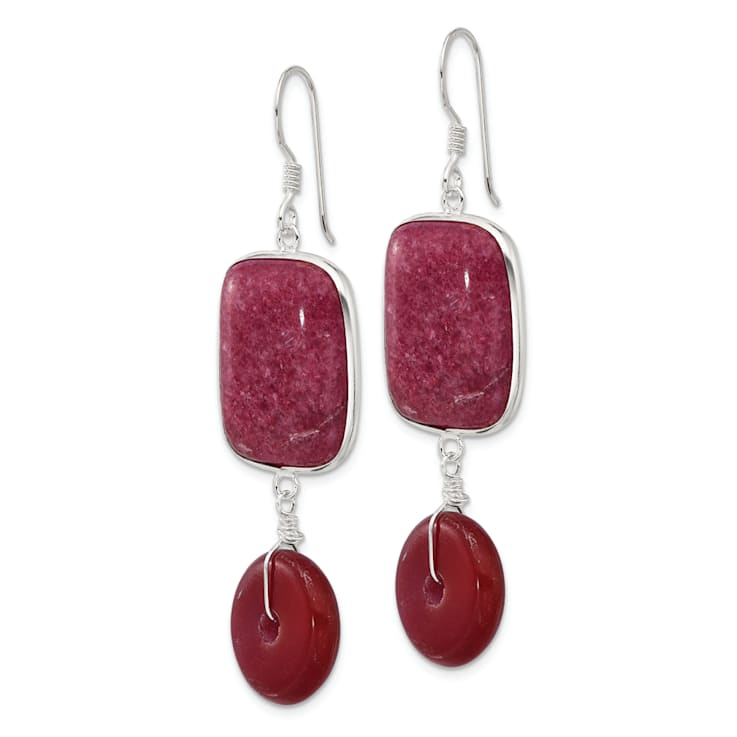 Sterling Silver Polished Carnelian and Red Jadeite Dangle Earrings