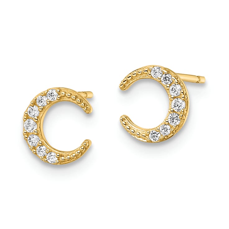 14K Yellow Gold Textured Cubic Zirconia Moon Stud Earrings