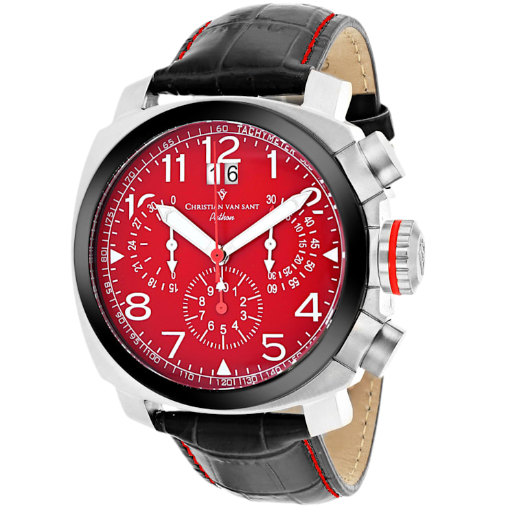 Christian Van Sant Men's Grand Python Red Dial, Black Leather Strap Watch