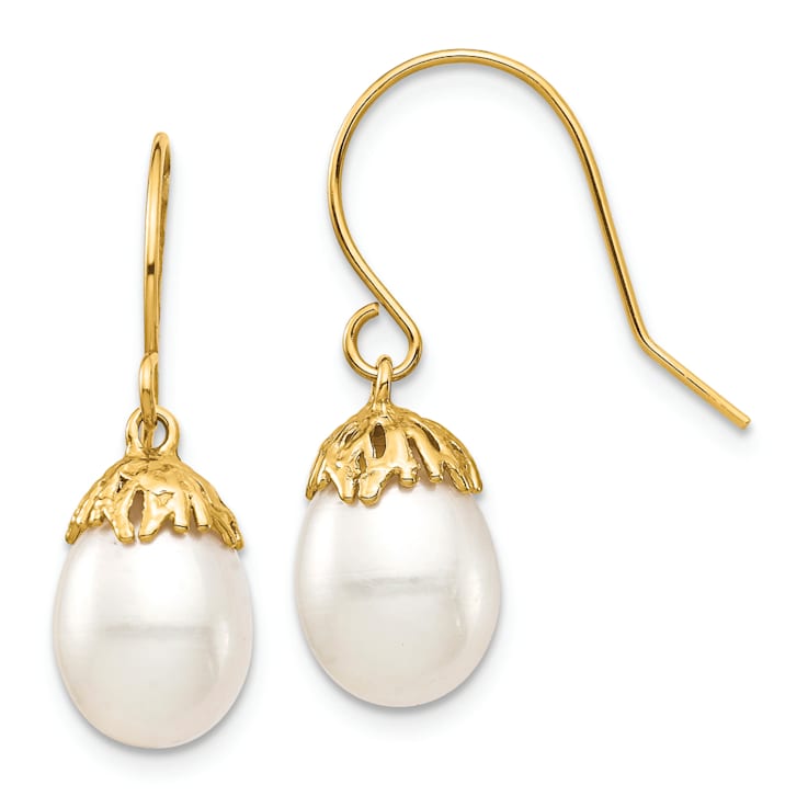 14K Yellow Gold 7-8mm White Rice Freshwater Cultured Pearl Dangle Earrings