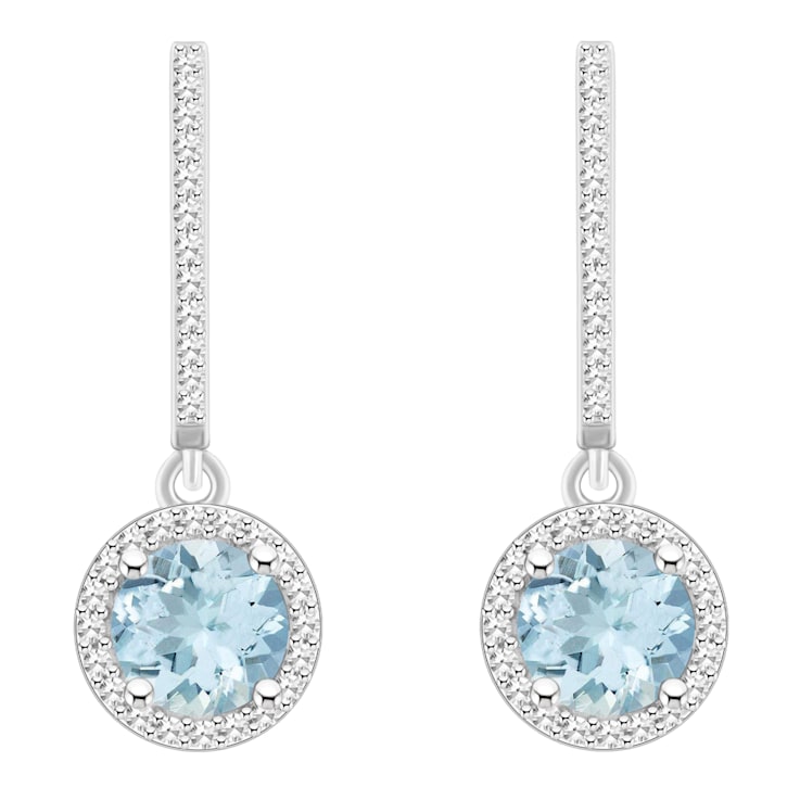 6mm Round Aquamarine 1/3 ctw Diamond Rhodium Over Sterling Silver Halo
Dangle Earrings