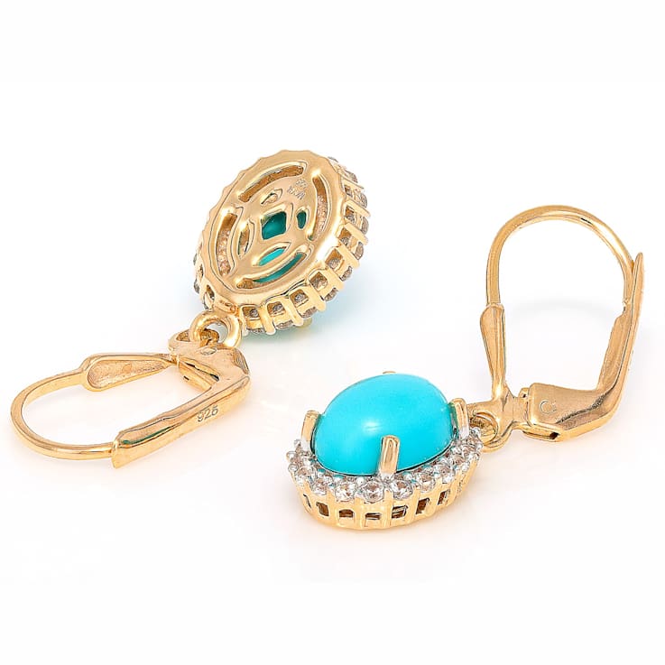 Turquoise And White Zircon Halo Dangle Earrings In 18K Gold Over
Sterling Silver 0.29ctw