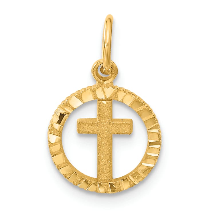 14k Yellow Gold Diamond-Cut and Satin Eternal Life Cross in Circle Pendant