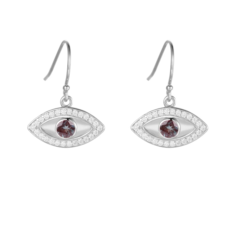 Green Lab Alexandrite Rhodium Over Sterling Silver Evil Eye Earrings