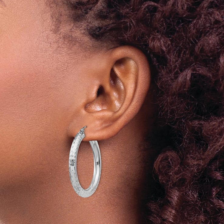 Rhodium Over Sterling Silver 4.00mm Diamond-cut Hoop Earrings