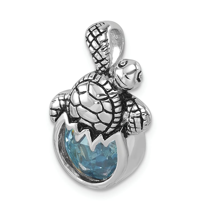 Rhodium Over Sterling Silver Crystal Hatching Turtle Slide Pendant