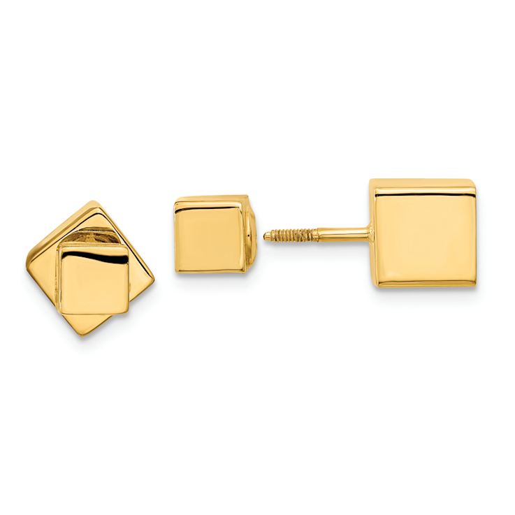 14k Yellow Gold Cube Front and Back Stud Earrings