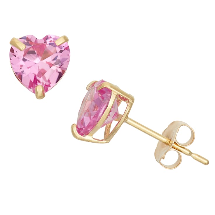 Lab Created Pink Sapphire Heart Shape 10K Yellow Gold Stud Earrings, 1.4ctw